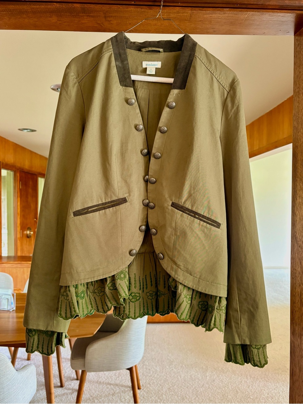 Sundance Olive Green Jacket with Dark Trim and Scalloped Hem